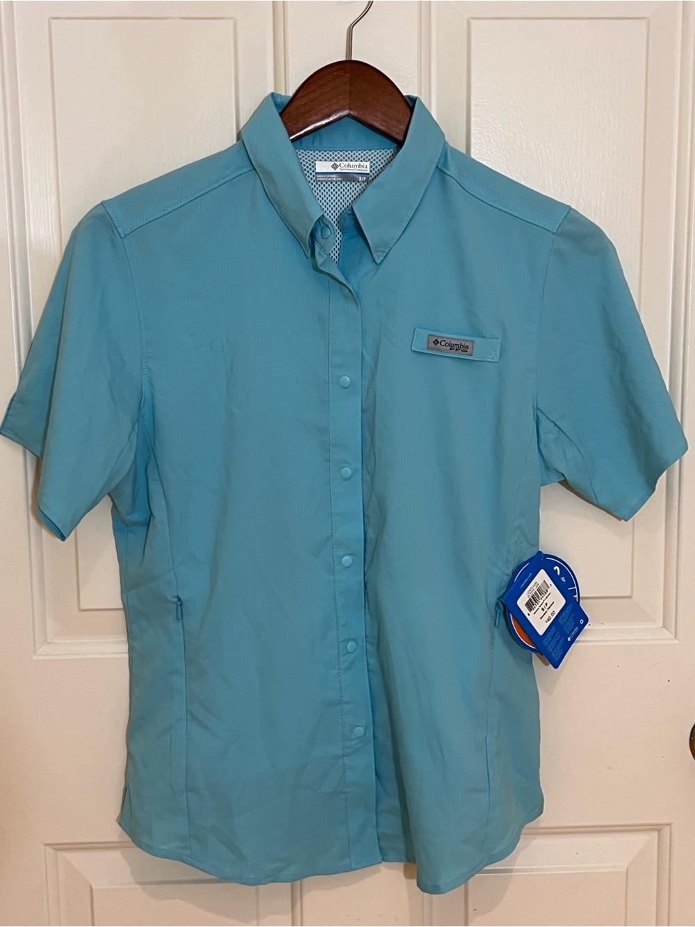 NWT Columbia Women’s Short Sleeve Button-Down Shirt in Teal Blue w side pocket